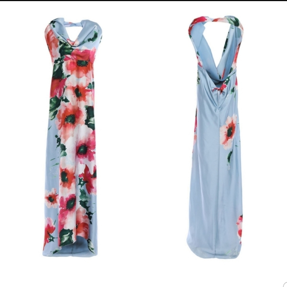 ADE' Floral Halter Asymmetric High Low Maxi Dress Size 6 Baby Blue Pink - Picture 2 of 10